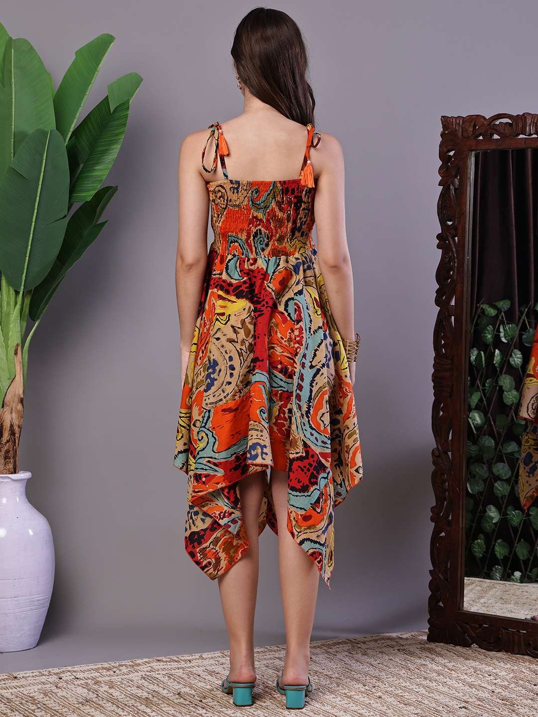 Women's Multicolor Abstract Printed Cotton Handkerchief Hem Dress Midi Dresses - Image 2